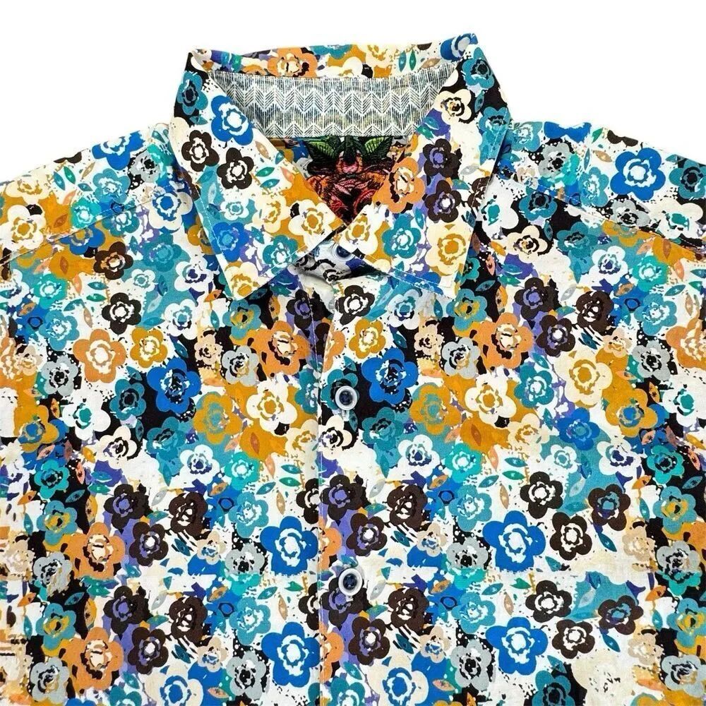 Robert Graham Sz S Shirt Multicolor AOP Floral Short Sleeve Contrasting Trim EUC